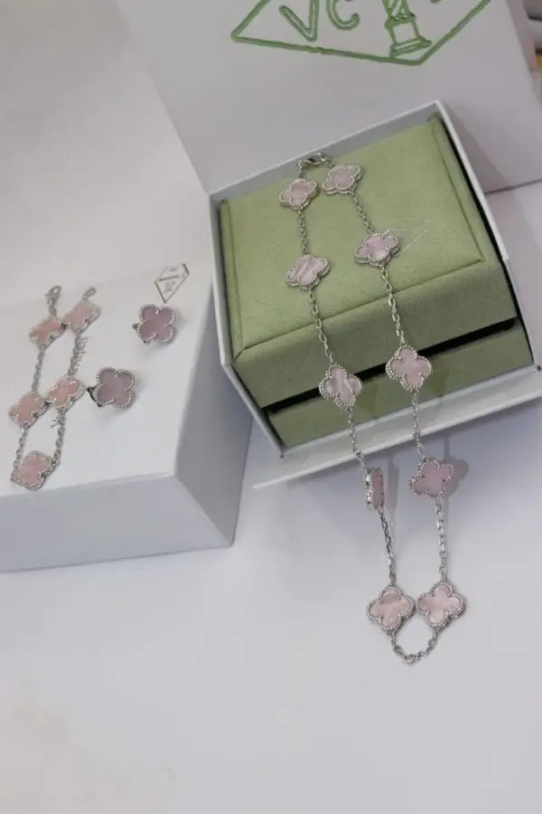 Van Cleef & Arpels Jewelry | Red Clover Diamond Necklace and Bracelet Set