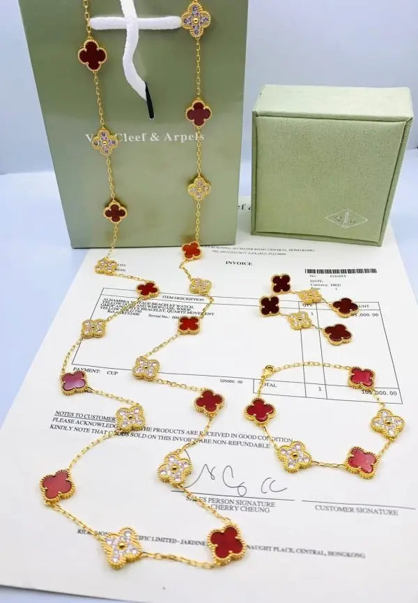 Van Cleef & Arpels Jewelry | White Mother of Pearl Diamond Clover Necklace Bracelet Set