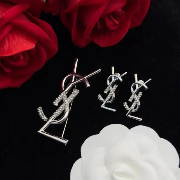 YSL Jewelry | Cassandre Brooch Earrings Set Silver Crystals