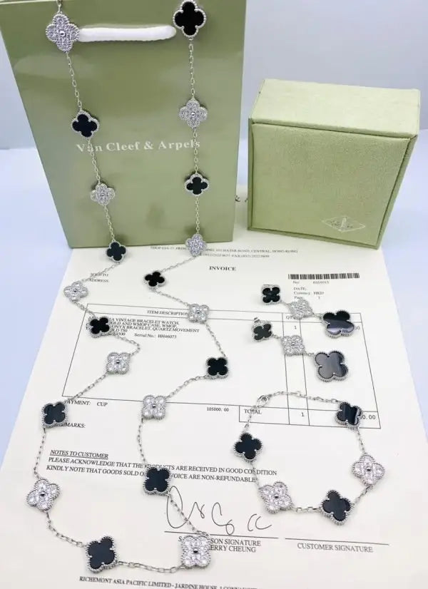 Van Cleef & Arpels Jewelry | White Mother of Pearl Diamond Clover Necklace Bracelet Set