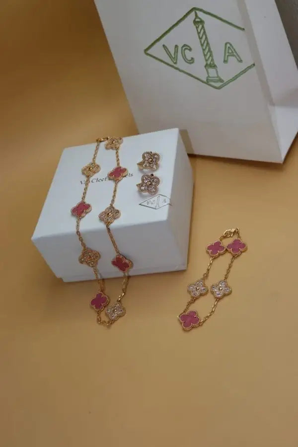 Van Cleef & Arpels Jewelry | Red Clover Diamond Necklace and Bracelet Set