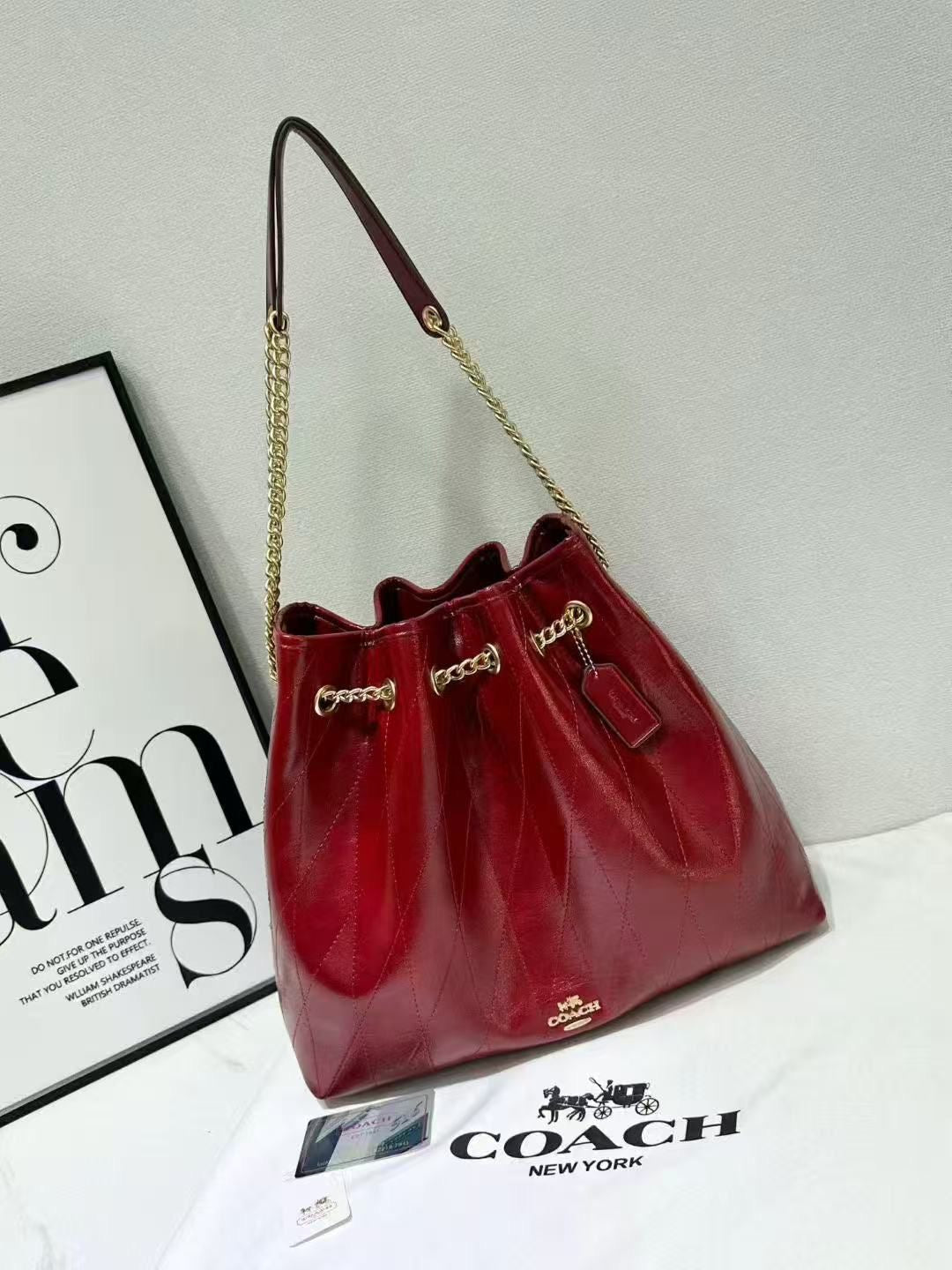 Coach Bag | Quilted Leather Chain Bucket Red Gold-Tone