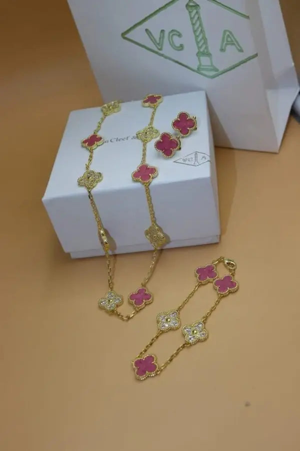 Van Cleef & Arpels Jewelry | Red Clover Diamond Necklace and Bracelet Set