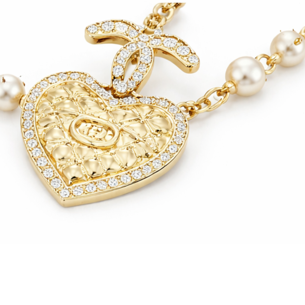 Chanel Jewelry | Quilted Heart CC Logo Pearl Station Necklace