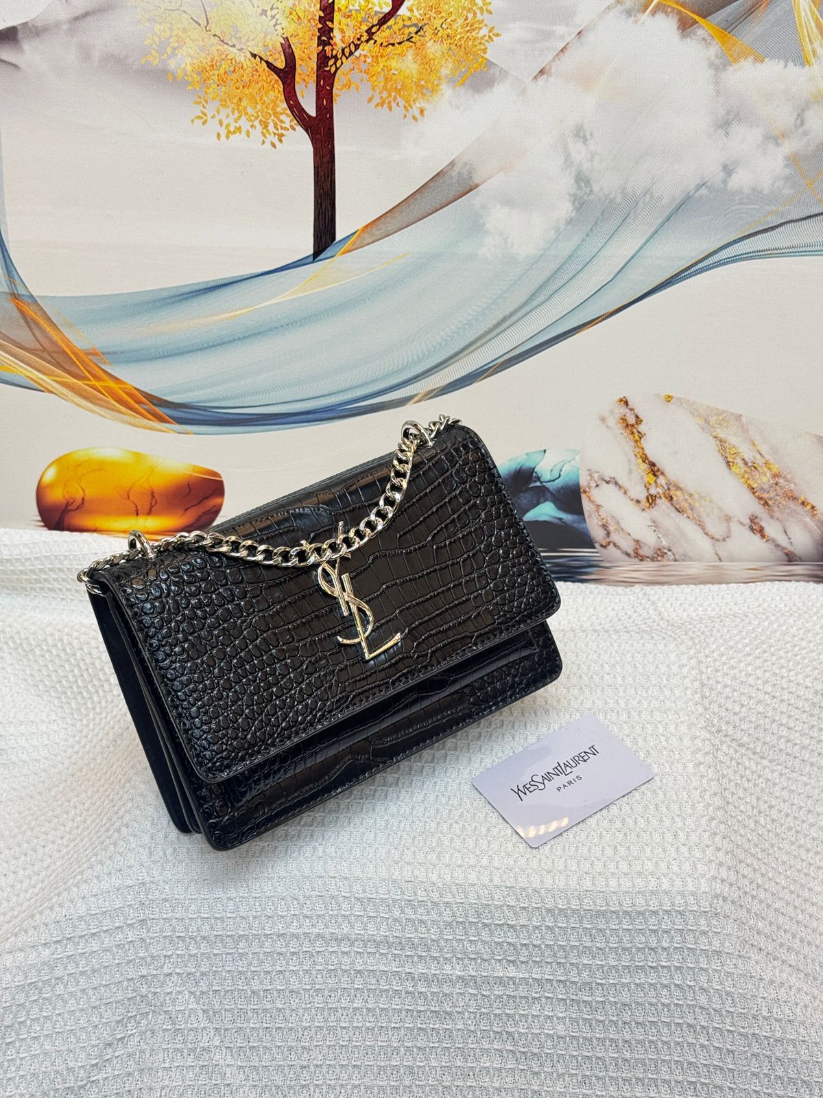YSL Bag | Sunset Medium Black Croc-Embossed