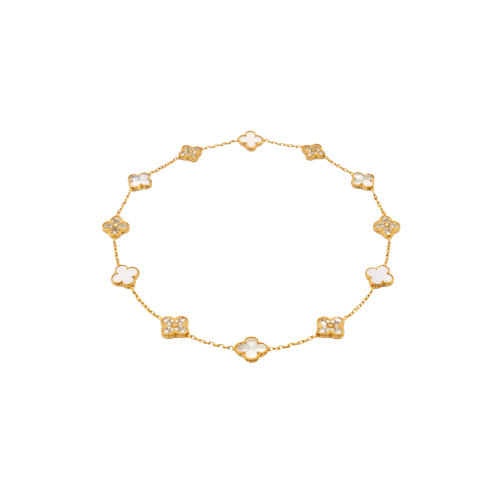 Van Cleef & Arpels Jewelry | White Mother of Pearl Diamond Clover Necklace Bracelet Set