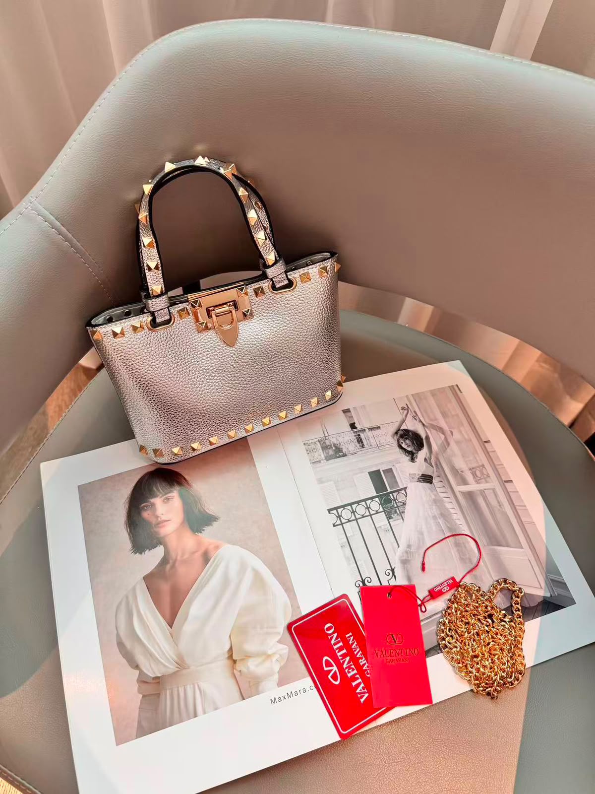 Valentino Bag Garavani Rockstud Mini Grainy Calfskin Grey