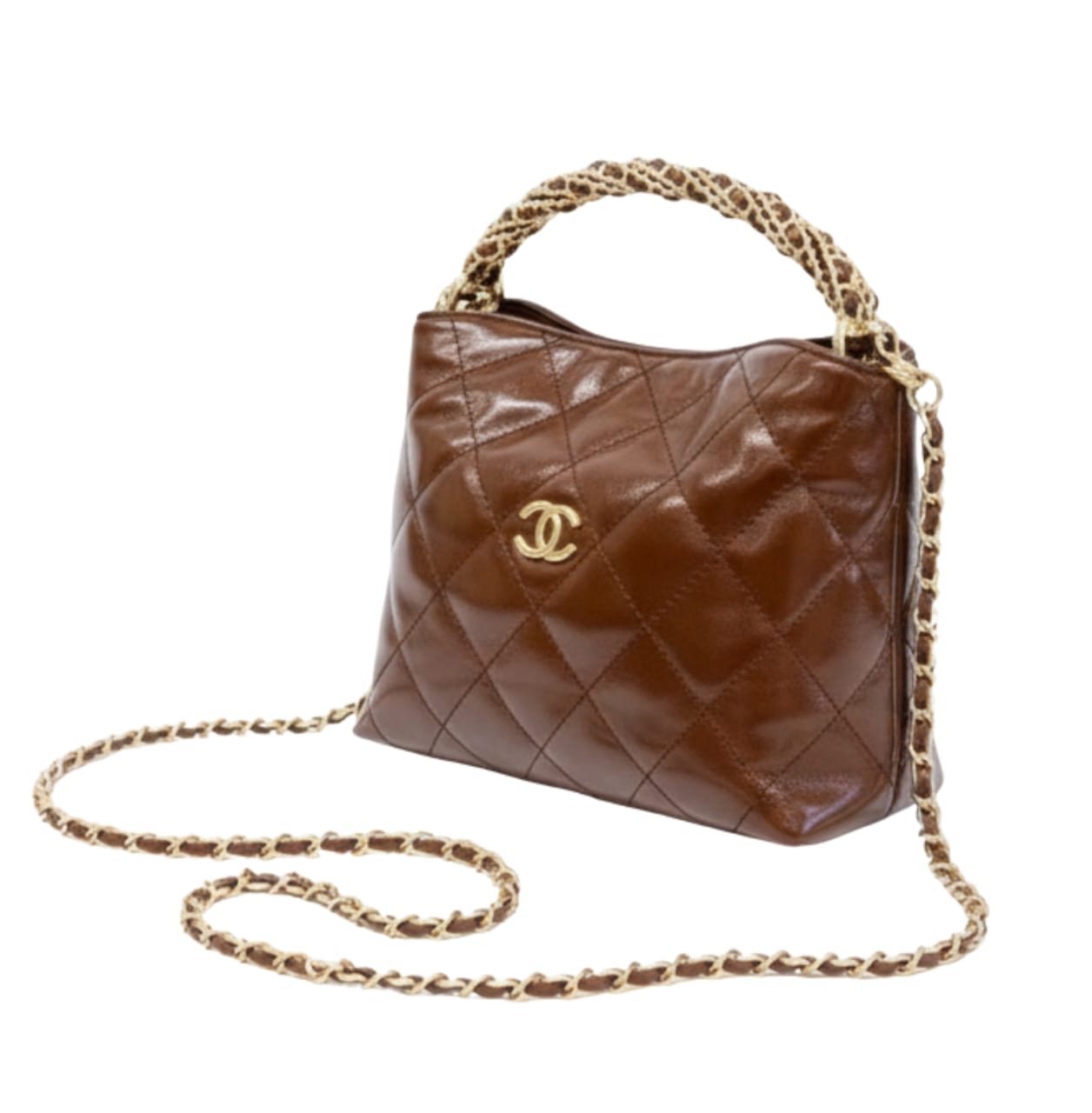 Chanel Bag | Braided Handle Chain Hobo In Brown Leather.