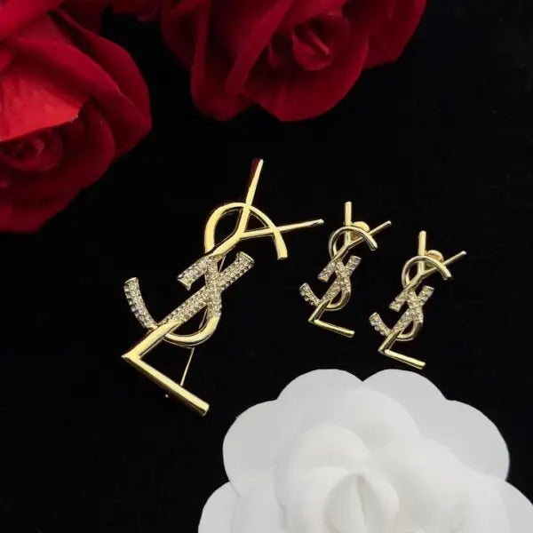 YSL Jewelry | Cassandre Brooch Earrings Set Silver Crystals