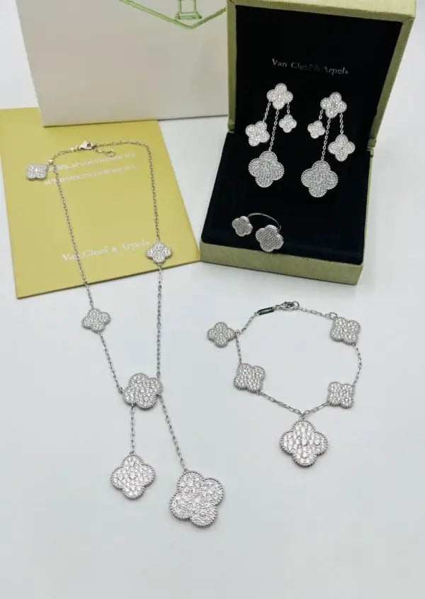 Van Cleef & Arpels Jewelry | Diamond Clover Necklace Earrings Bracelet Ring Set