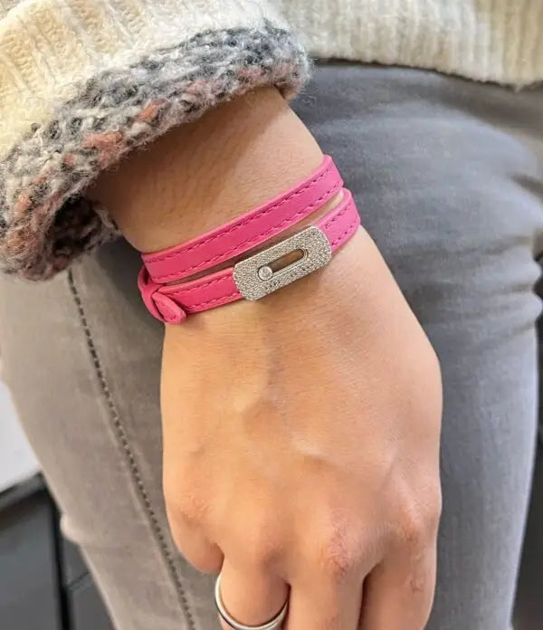 Messika Jewelry | Leather Double Wrap Bracelet Pink Diamonds