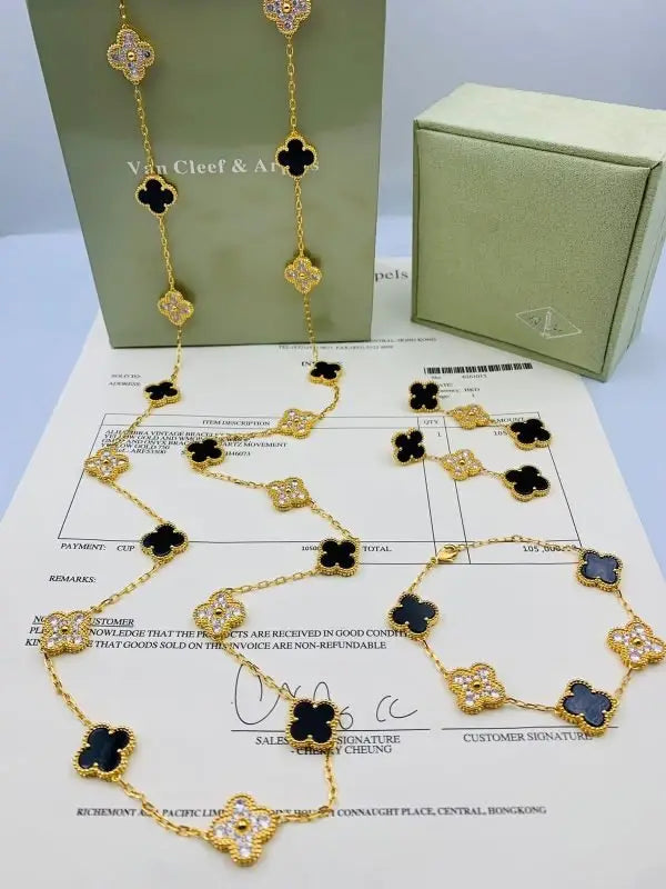Van Cleef & Arpels Jewelry | White Mother of Pearl Diamond Clover Necklace Bracelet Set