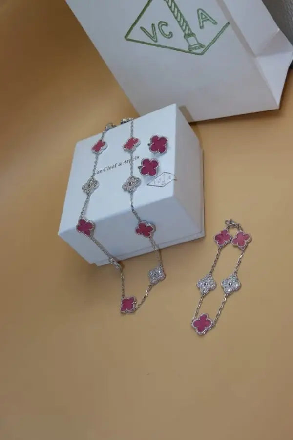 Van Cleef & Arpels Jewelry | Red Clover Diamond Necklace and Bracelet Set