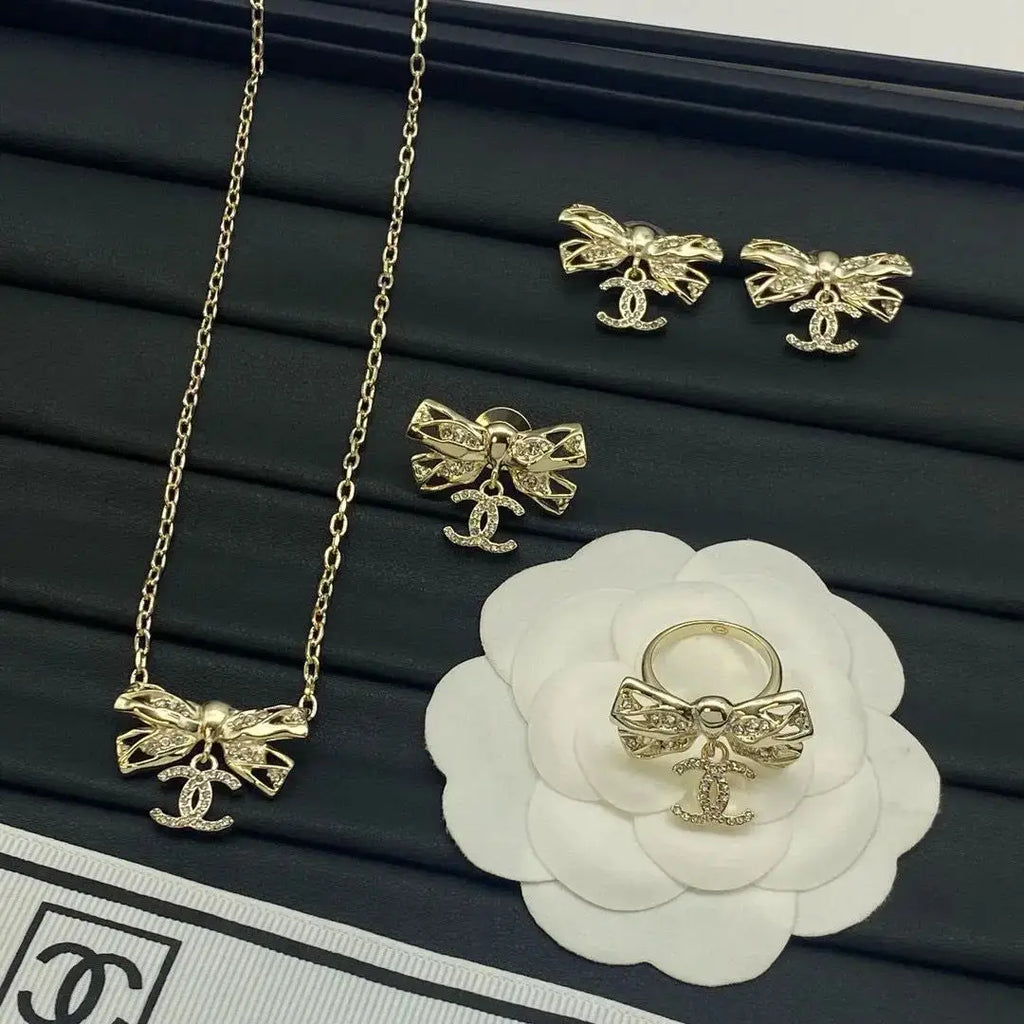 Chanel Jewelry | Bow CC Logo Crystal Jewelry Set