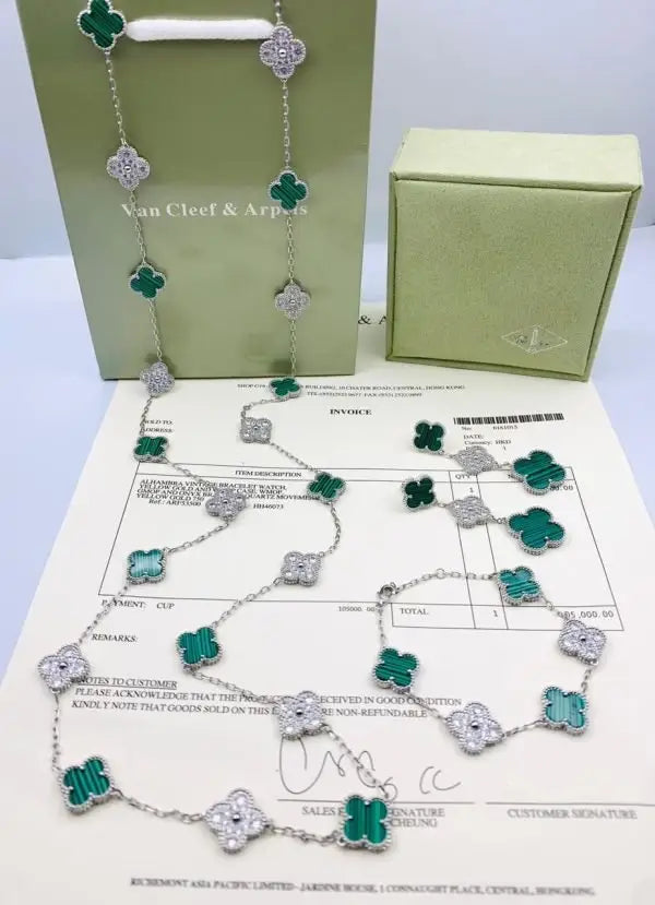 Van Cleef & Arpels Jewelry | White Mother of Pearl Diamond Clover Necklace Bracelet Set
