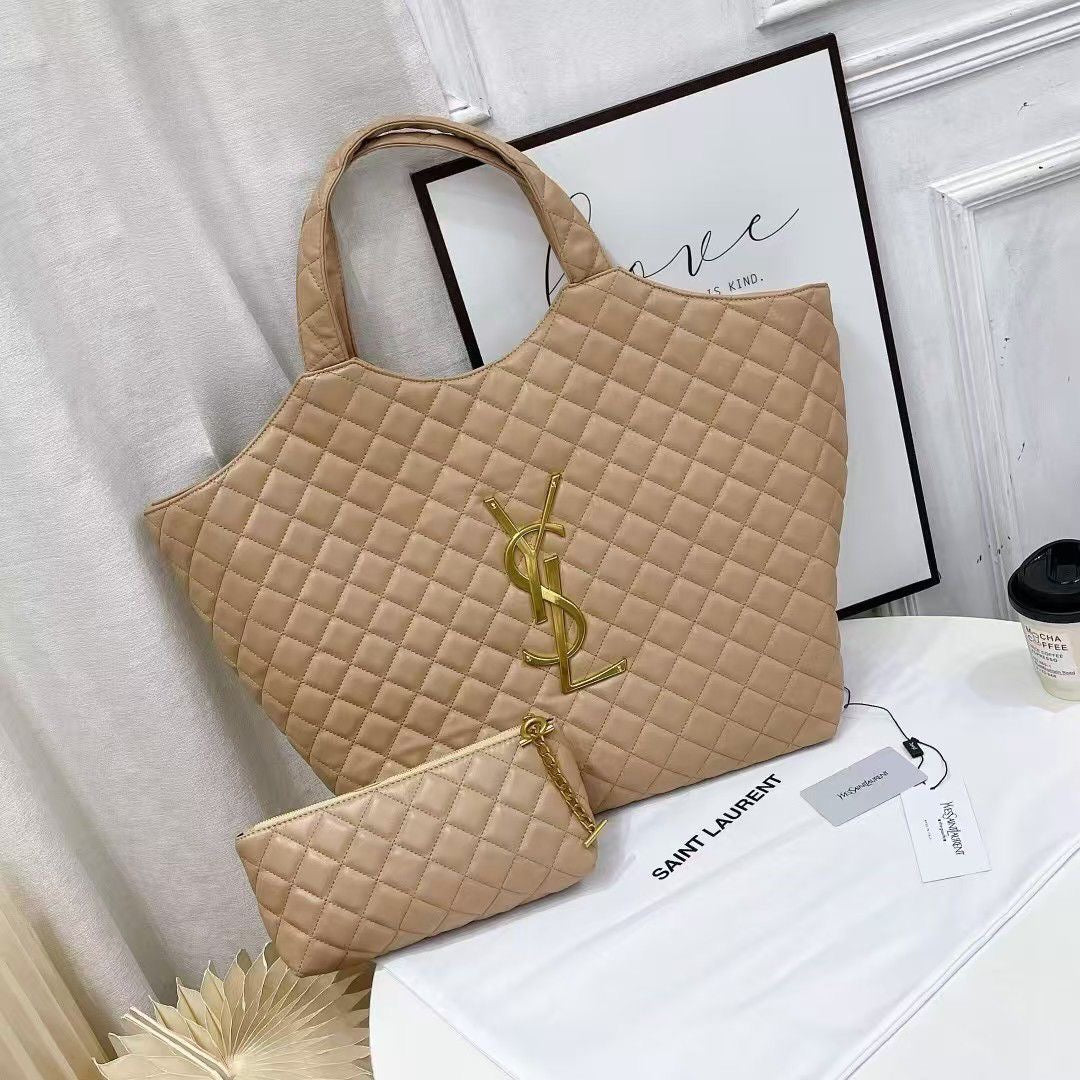 YSL Bag | Icare Maxi Quilted Suede Beige