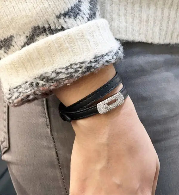 Messika Jewelry | Leather Double Wrap Bracelet Pink Diamonds
