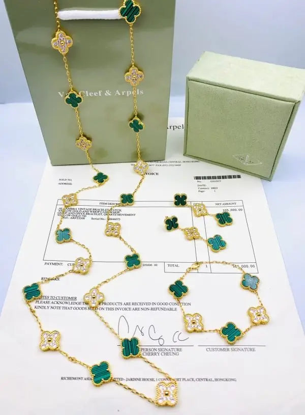Van Cleef & Arpels Jewelry | White Mother of Pearl Diamond Clover Necklace Bracelet Set