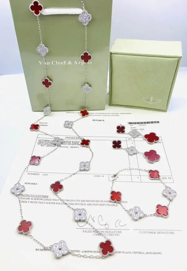 Van Cleef & Arpels Jewelry | White Mother of Pearl Diamond Clover Necklace Bracelet Set