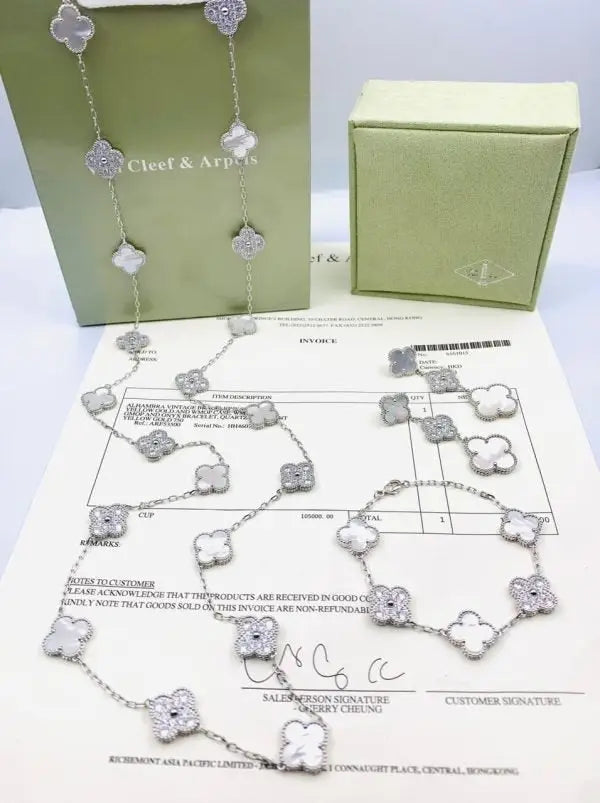Van Cleef & Arpels Jewelry | White Mother of Pearl Diamond Clover Necklace Bracelet Set