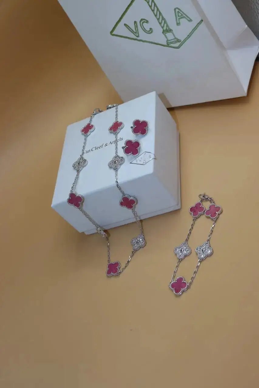 Van Cleef & Arpels Jewelry | Red Clover Diamond Necklace and Bracelet Set