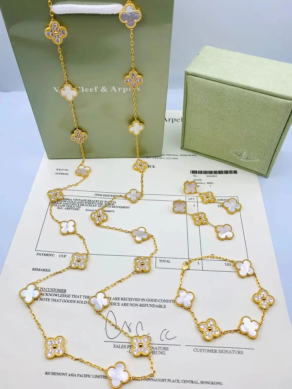 Van Cleef & Arpels Jewelry | White Mother of Pearl Diamond Clover Necklace Bracelet Set